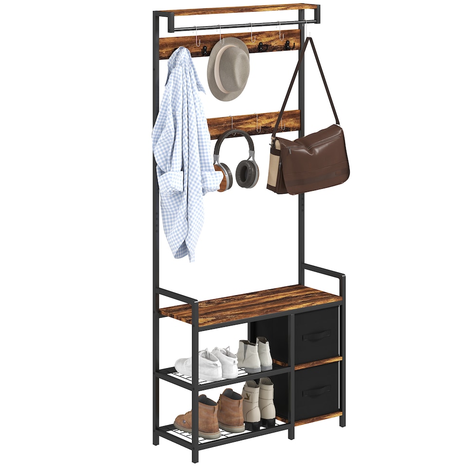 image 1 of HOMCOM Coat Rack with Bench and Shoe Storage, 4-in-1 Coat Stand with 15 Coat Hooks, 2 Fabric Drawers for Hallway, Living Room, Bedroom, Rustic Brown