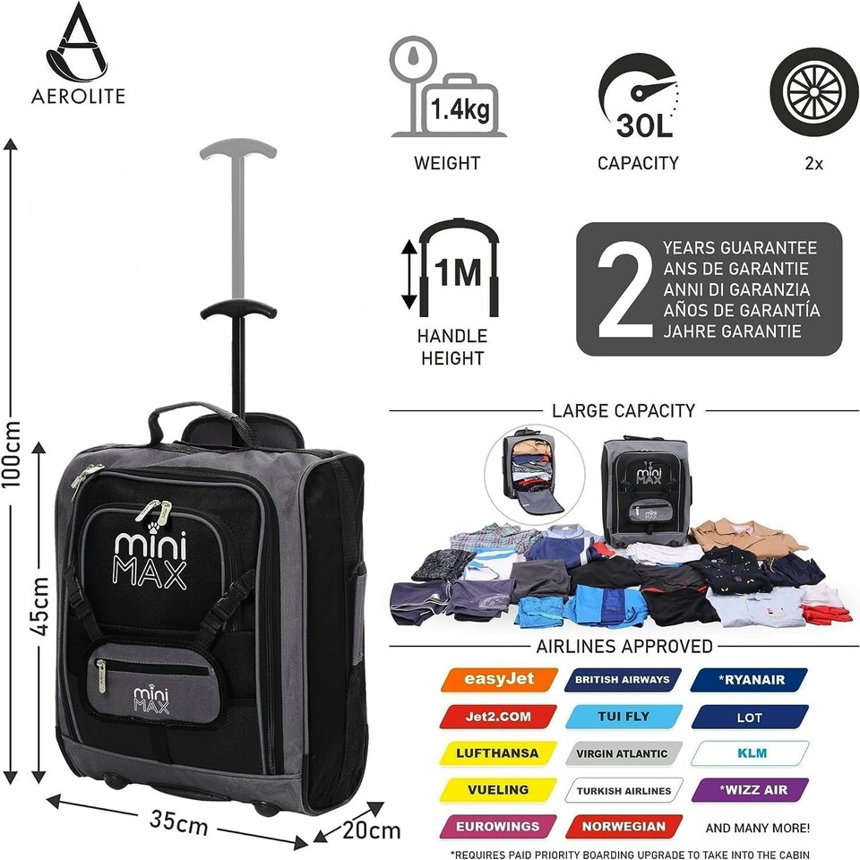 image 1 of MiniMax Travel Suitcase with Wheels with Front Pocket for Toys/Dolls/Teddy Bears, Black, Bagage Cabine, MINIMAX Black | Black | Cabin Bag