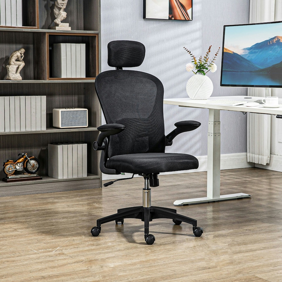 image 1 of Vinsetto Mesh Chair with Headrest, 4D Lumbar Support, Flip-up Arm, Black Black