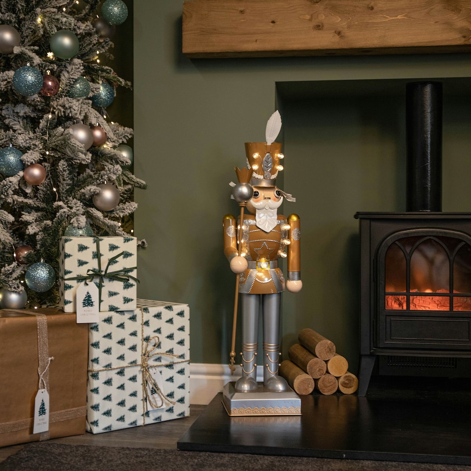 80cm Battery Operated Light up Christmas Gold Nutcracker with LEDs