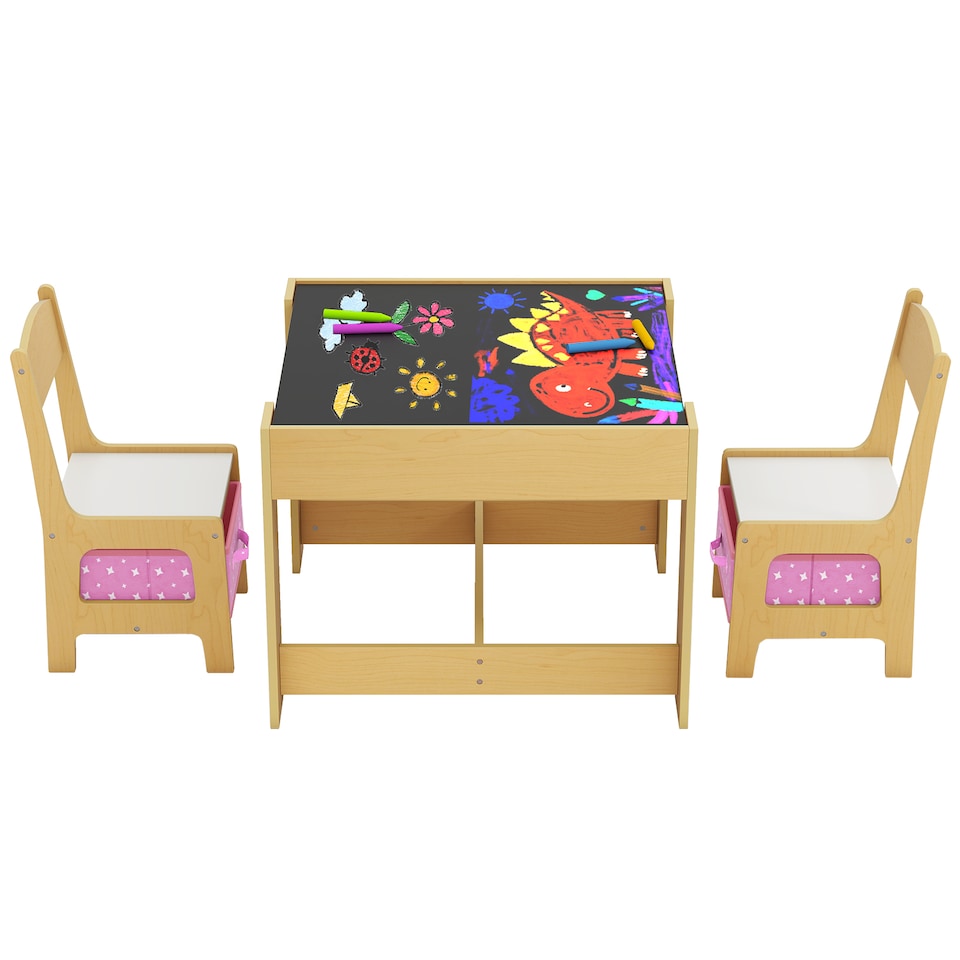 image 1 of COSTWAY Kids Multifunctional Table and 2 Chairs Set Pink