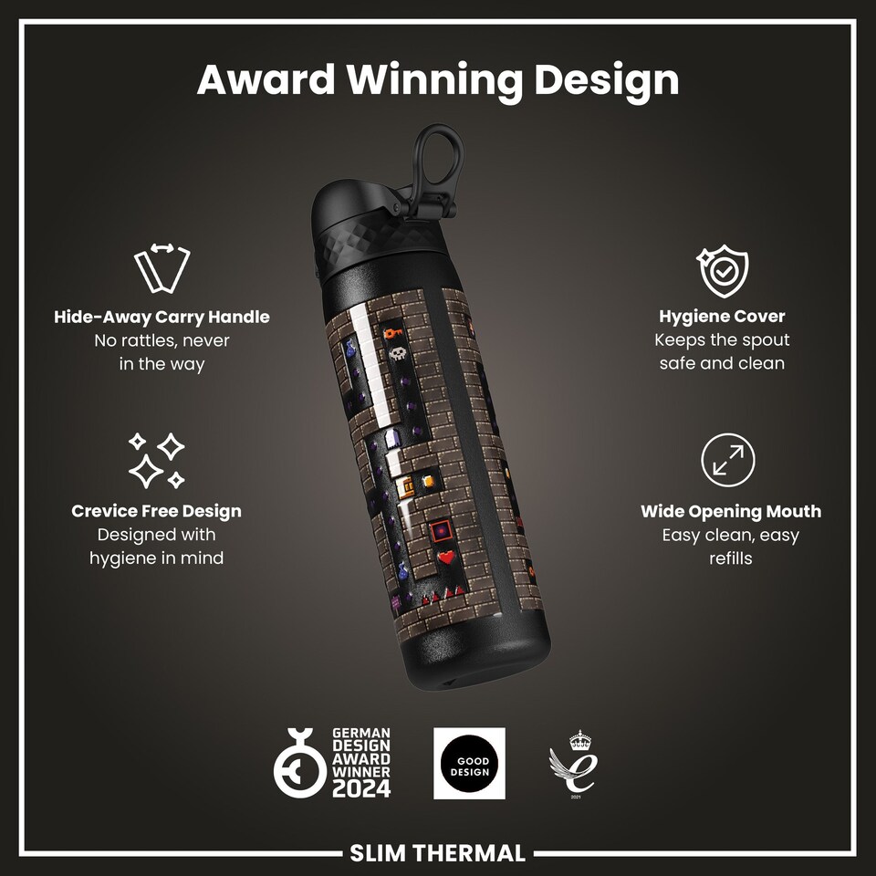 image 1 of Leak Proof Slim Water Bottle, Vacuum Insulated, 500ml (17oz) | Black | Gamer | One Size