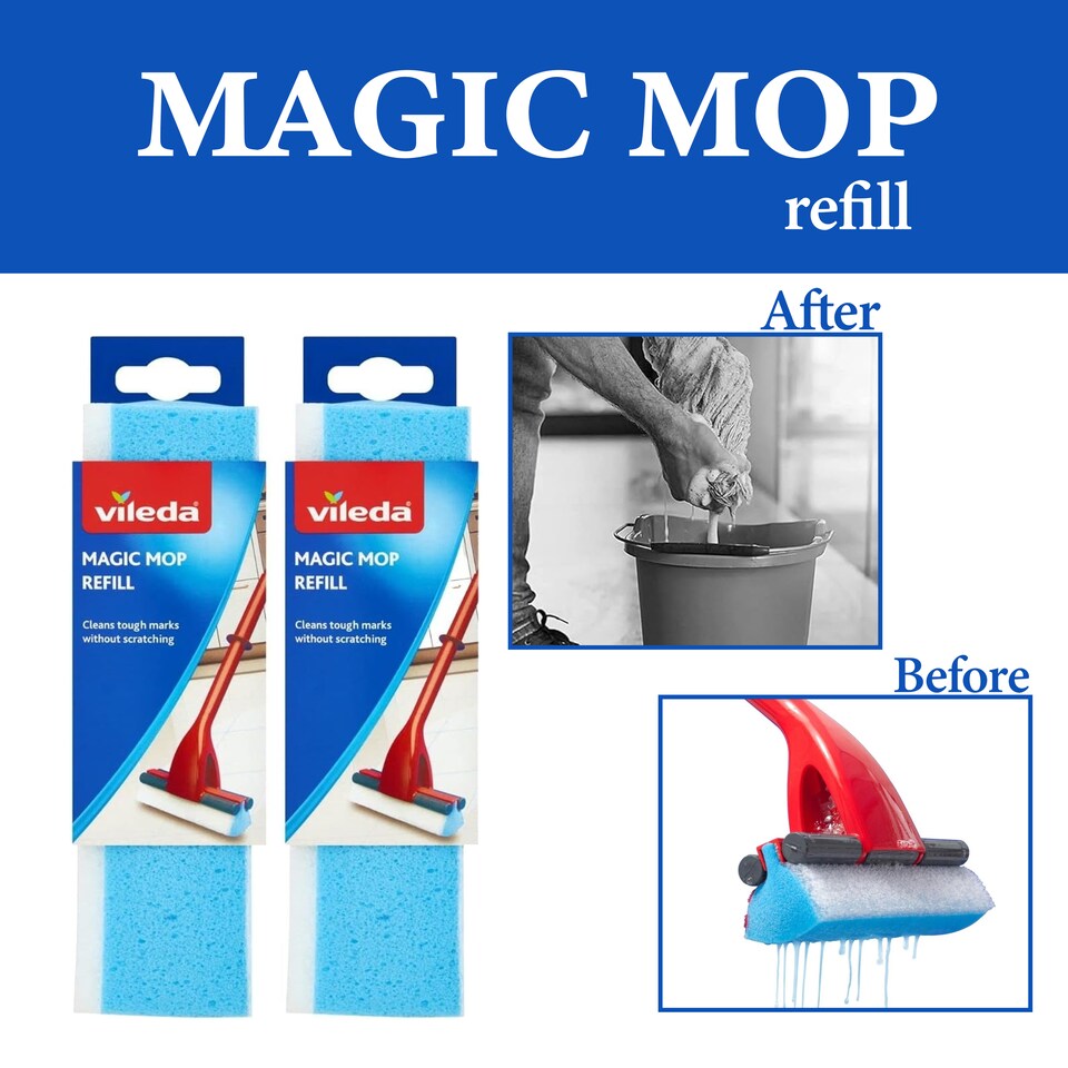 image 1 of Vileda Magic Mop Refill 3 Action Sponge Head Absorbent Foam Non Scratch Cleaning Mop Head Replacement Easy Pack of 2