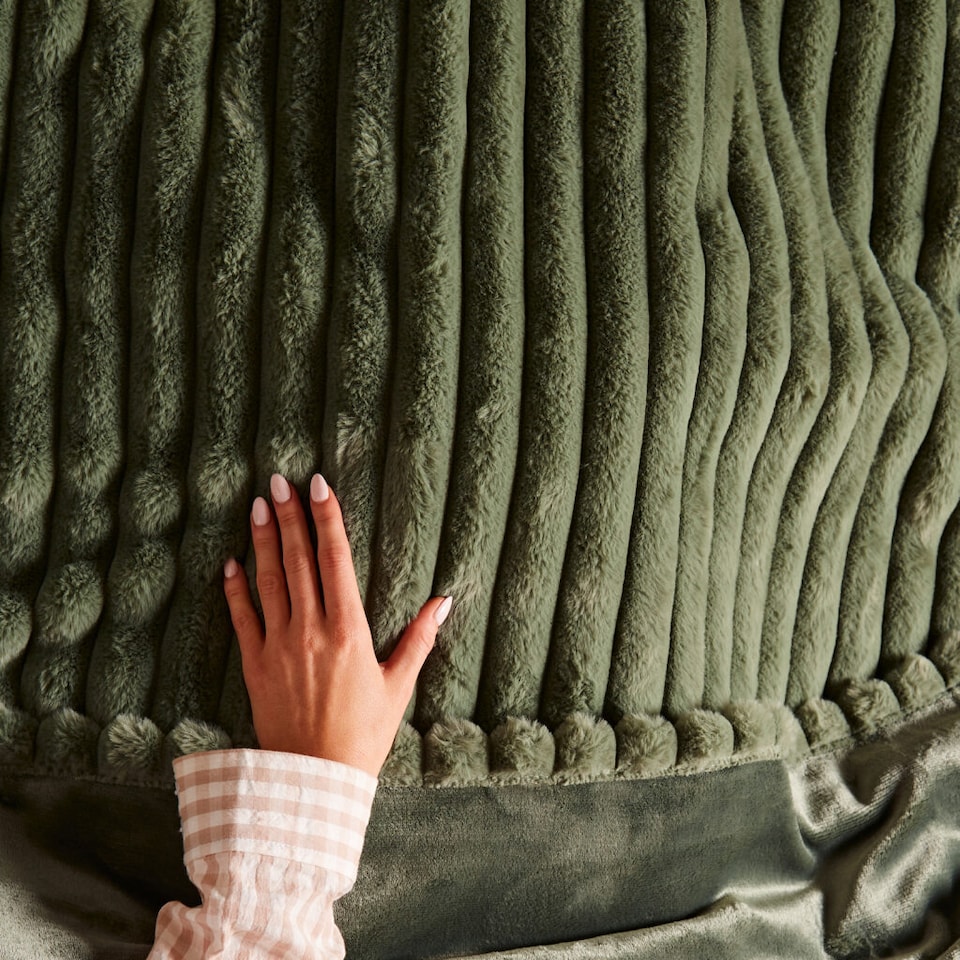 image 1 of Morphy Richards Flannel Fleece & Striped Faux Fur Throw 160cm X 130cm Green