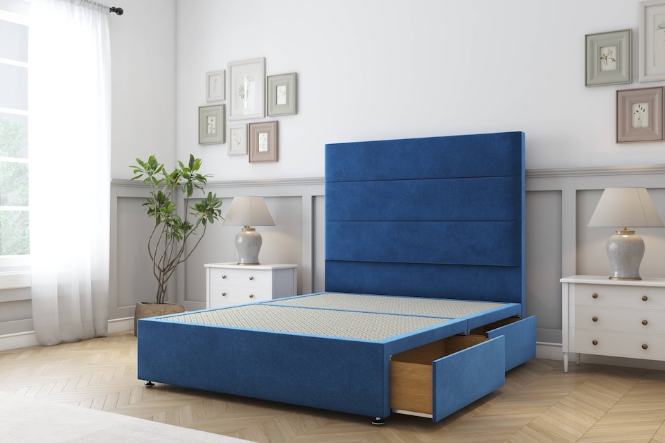 image 1 of Sloomy Texas Navy Plush Divan Bed With Mattress No Drawers With 26" Strutted Headboard 5' King | Blue | Navy | King | 1
