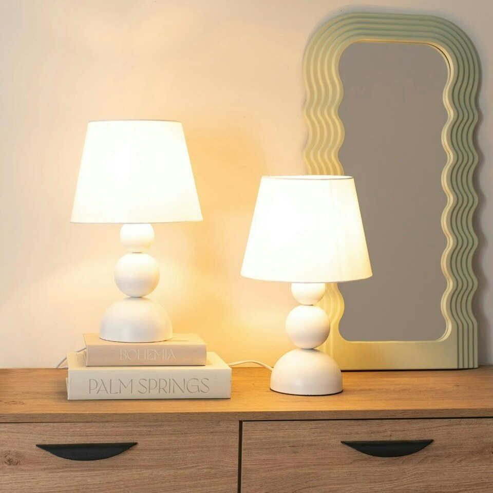 image 1 of ValueLights Winnie Pair of Cream Fabric Shade Stacked Touch Table Lamps | Cream