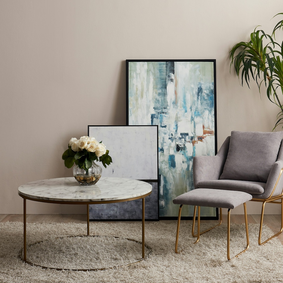 image 1 of Teamson Home Marmo Large Round Coffee Table, Marble Side Table, Modern Sofa End Table for Living Room, Bedroom or Lounge, White/Brass