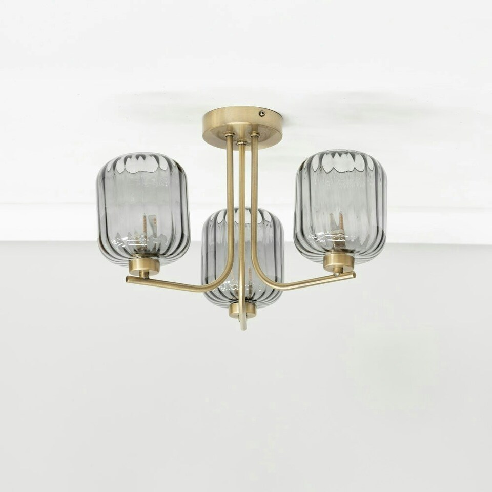 image 1 of ValueLights Amelie Gold 3 Way Ceiling Light with Smoked Ribbed Glass Shades
