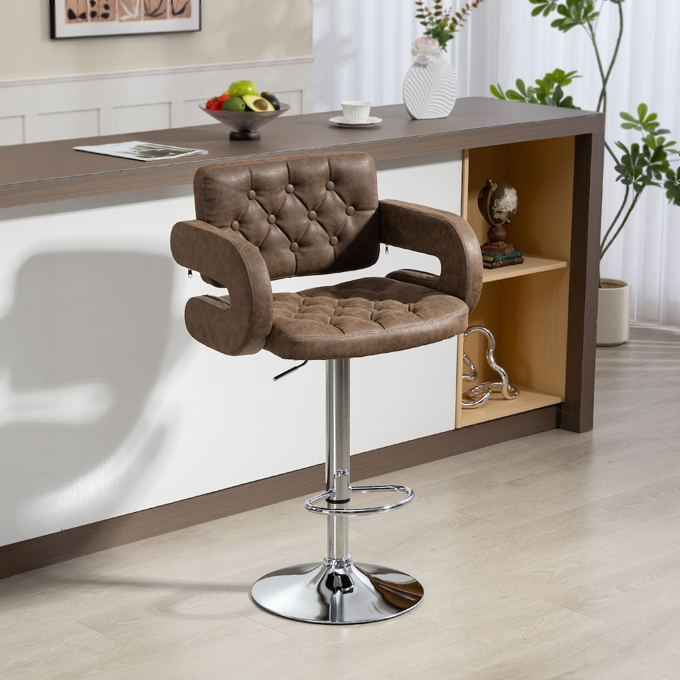 image 1 of HOMCOM Swivel Bar Stool with Extra Large Seat, PU Leather Upholstered Adjustable Barstool with Back, Arm and Footrest, Breakfast Bar Chair for Bistro, Kitchen, Coffee | Brown | Coffee