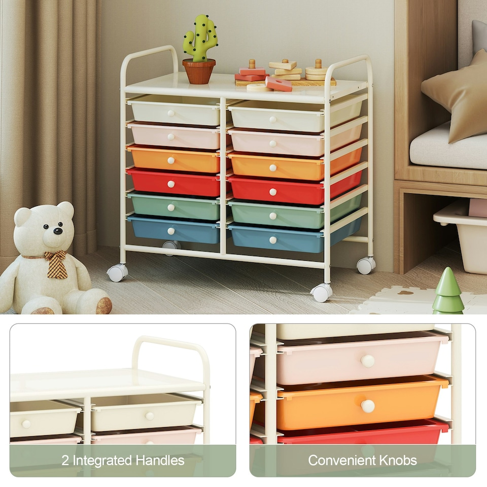image 1 of COSTWAY 12 Drawers Utility Cart Storage Rolling Macaron