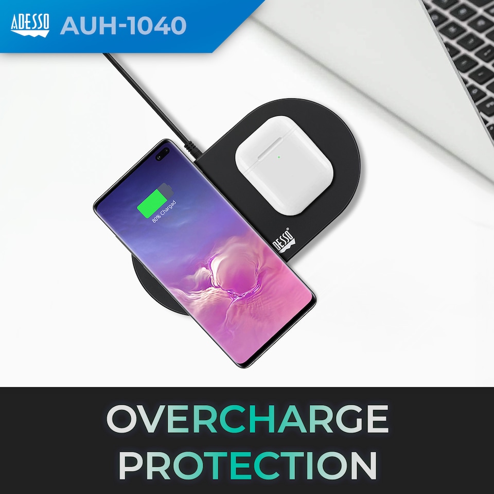image 1 of Adesso 15W Max Qi-Certified Dual 2-Coil Wireless Fast Charging Pad