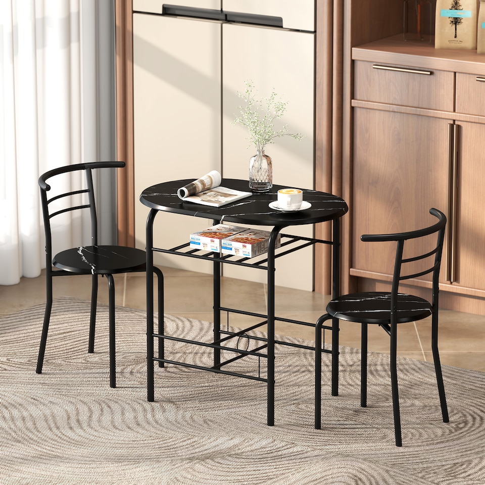 image 1 of HOMCOM Breakfast Bar Table and Stools Set, Dining Room Set with Shelf, Black | Black | Black