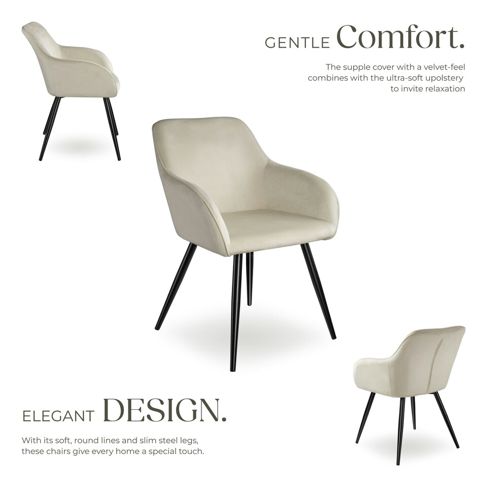 image 1 of Dining Chair Marilyn - with armrests, padded, velvet look, black steel legs - Set of 2 Cream | Cream/Black
