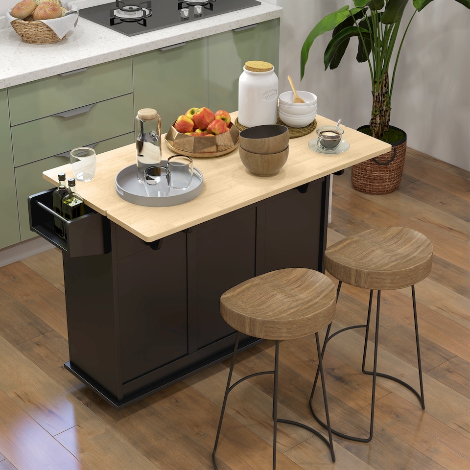 image 1 of HOMCOM Kitchen Island on Wheels, Kitchen Cart with Drop Leaf, Black