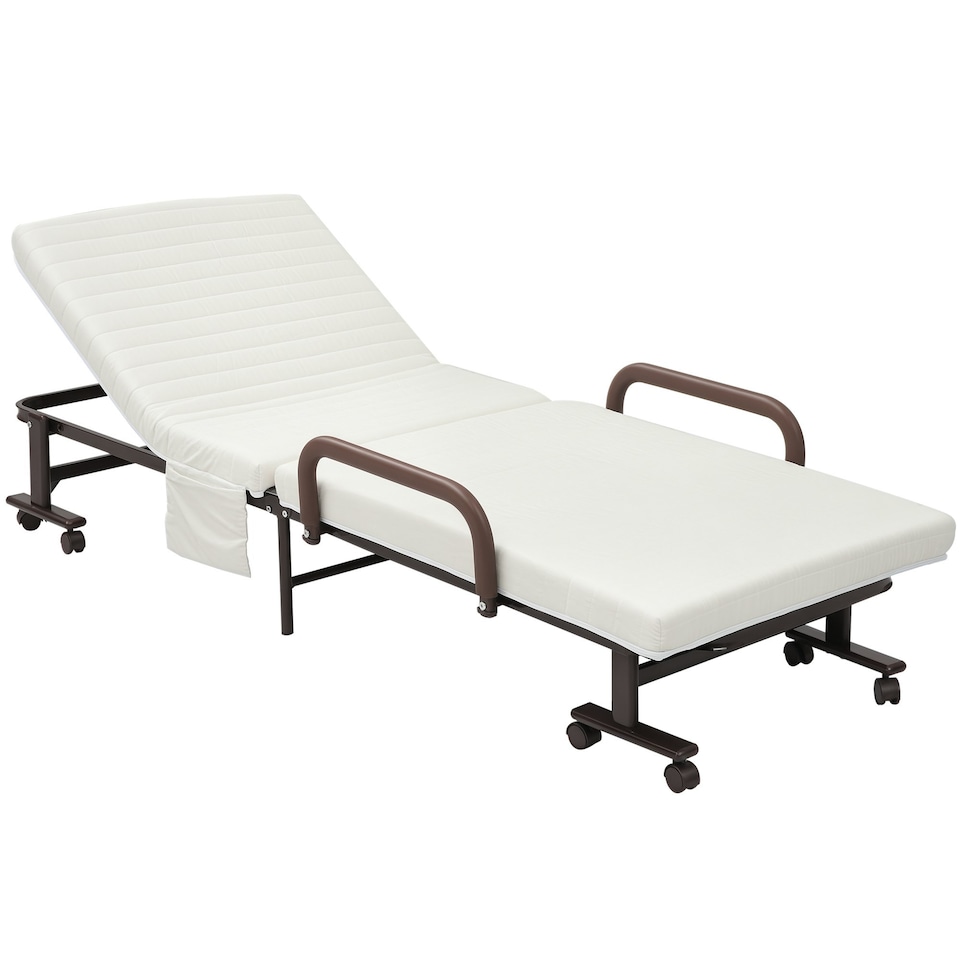 image 1 of HOMCOM Folding Bed with Mattress & Wheels, Adjustable Backrest Guest, White
