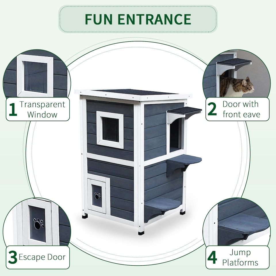 image 1 of PawHut Wood 2-Floor Cat Condo Pet House Kitten Shelter with Window - Gray