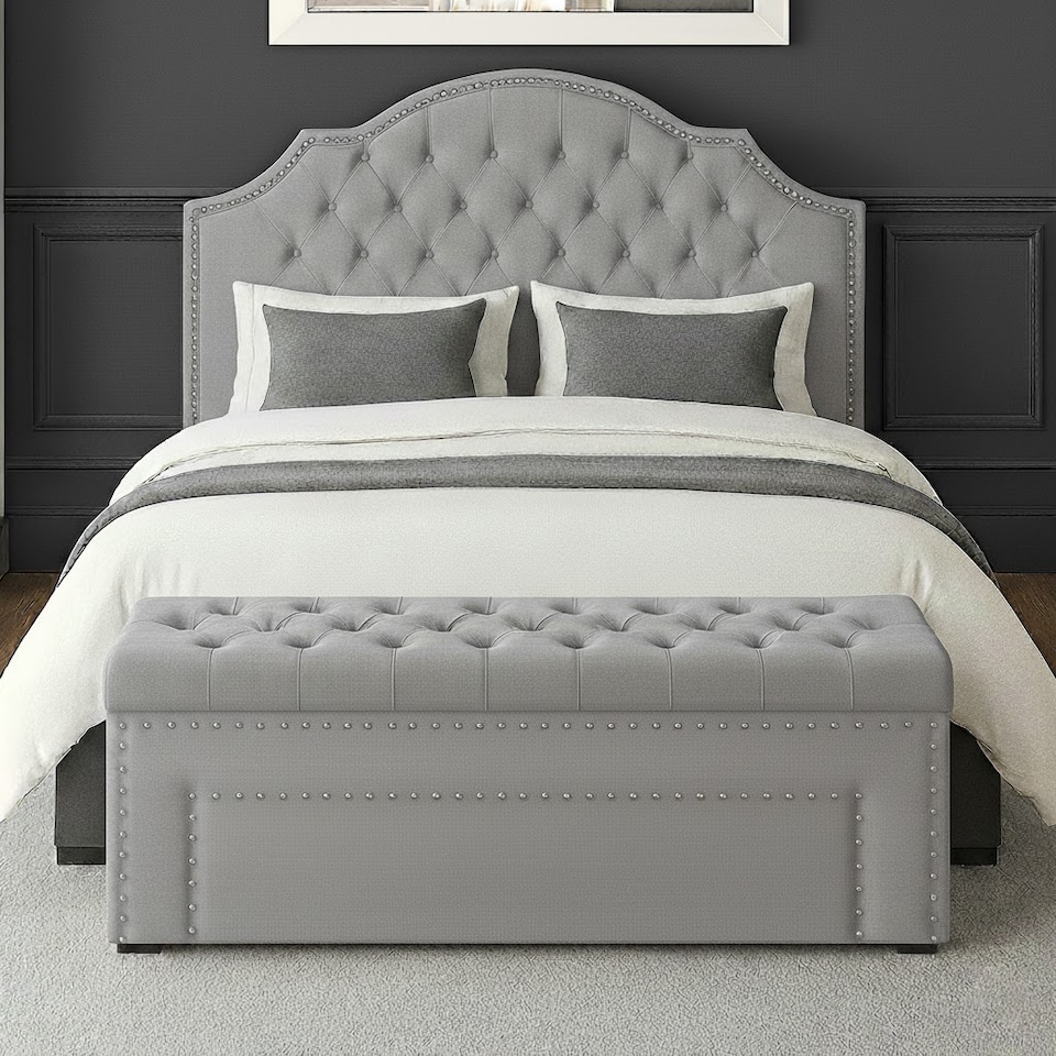 image 1 of 180cm Duke Ottoman Storage Box -Upholstered Blanket Box - Silver Plush Velvet Multifunctional Storage Box