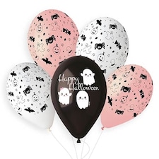 Cute Ghost Happy Halloween Black and Pink Latex Balloons 33cm / 13 in - Pack of 6
