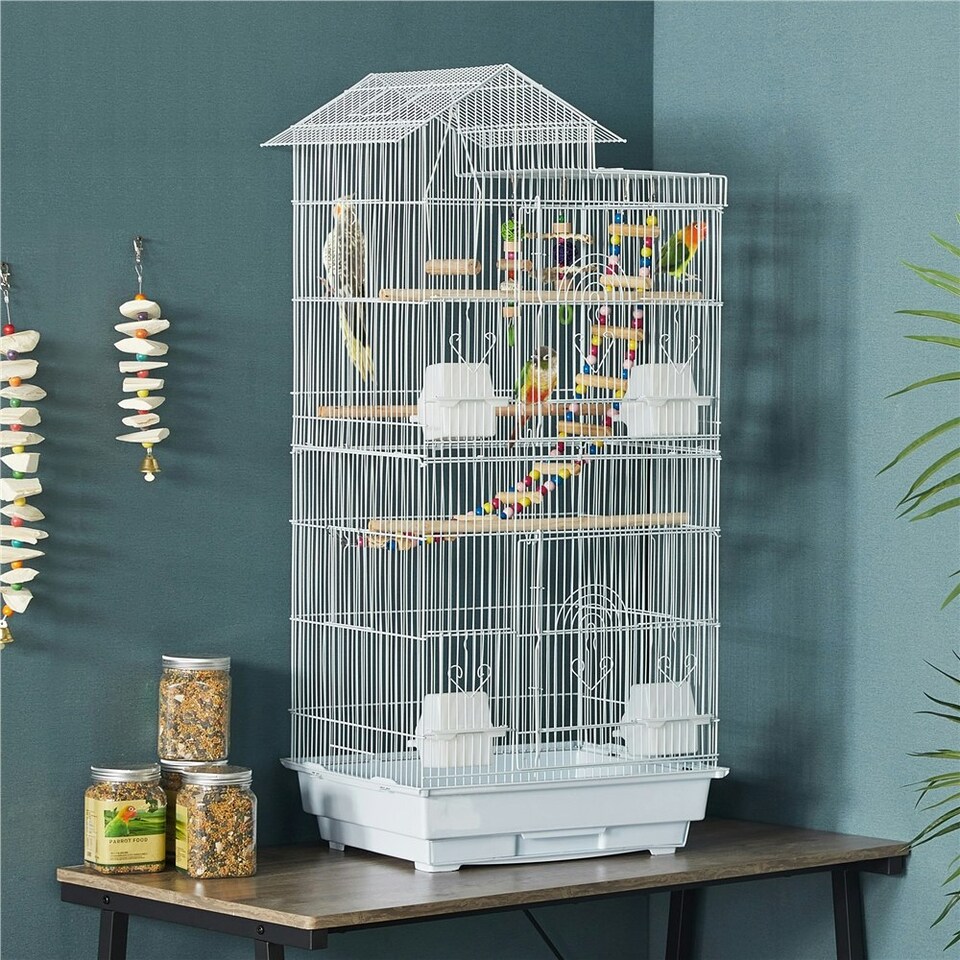 image 1 of Yaheetech 99 cm Tall Metal Parrot Birdcage w/Swing & Ladder White