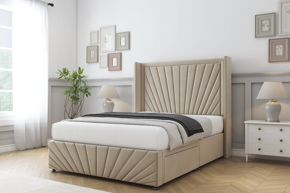 image 1 of Sloomy Rutherford Almond Coniston Divan Bed With Mattress 2 Drawers Footend With 54" Wingback Headboard & 12" Matching Footboard 5' King | Cream | Almond | King | 1