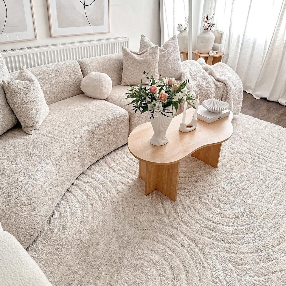 image 1 of KUKOON Retro Grooves Plush Pile Cream Beige Living Room Area Rug 200cm x 290cm