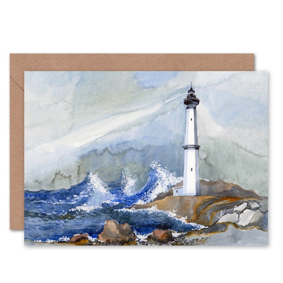 image 1 of Lighthouse Storm Seascape Nautical Watercolour Painting Greeting Card