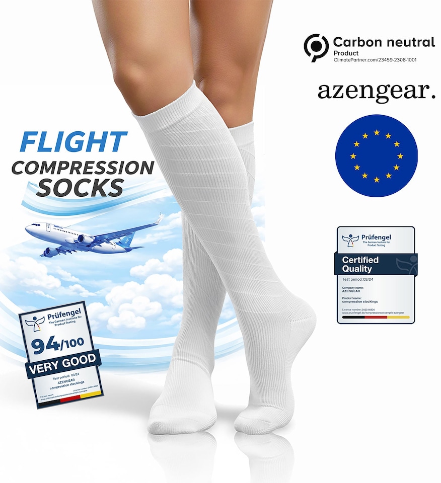 image 1 of aZengear Compression Socks for Women & Men (20-30 mmHg) Knee-High Flight Socks, Calf Support for Travel, Running - Seamless Toe, Padded Heel and Sole