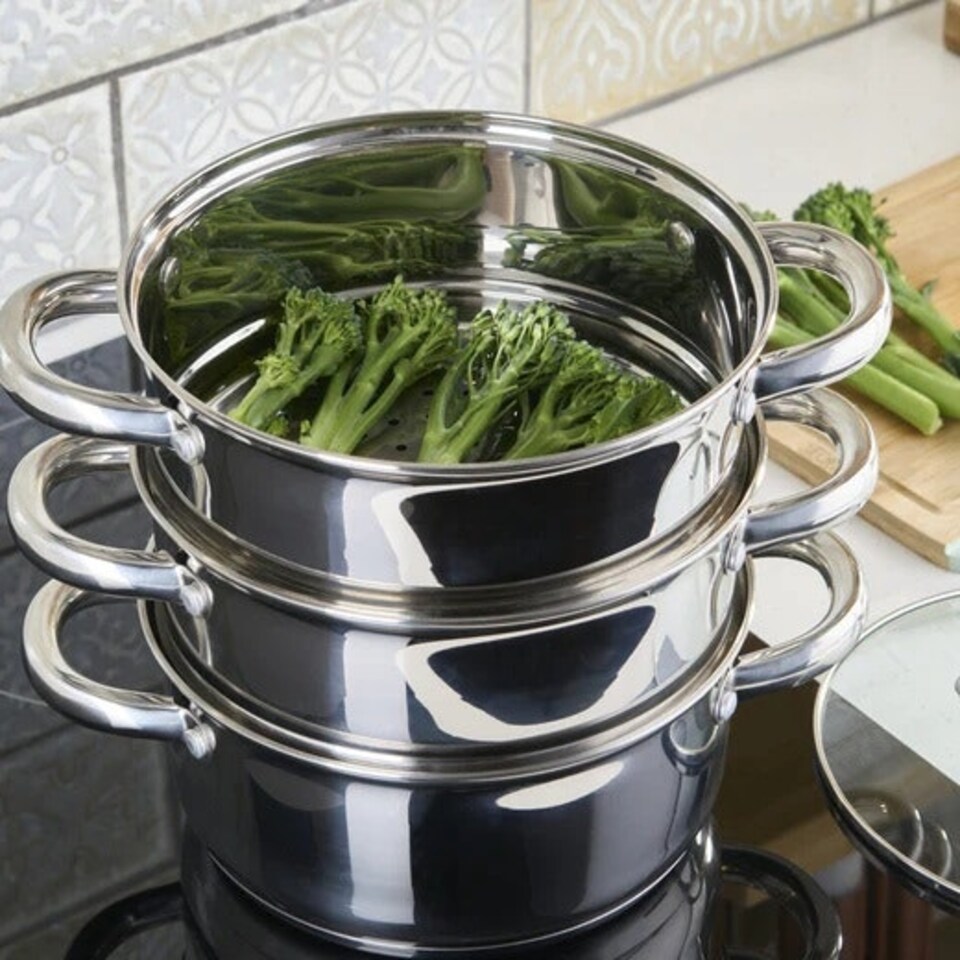 image 1 of Cooks Professional 3 Tier Stainless Steel Steamer Pan - Suitable for All Hobs Inc Induction - Dishwasher Safe - 16cm Diameter