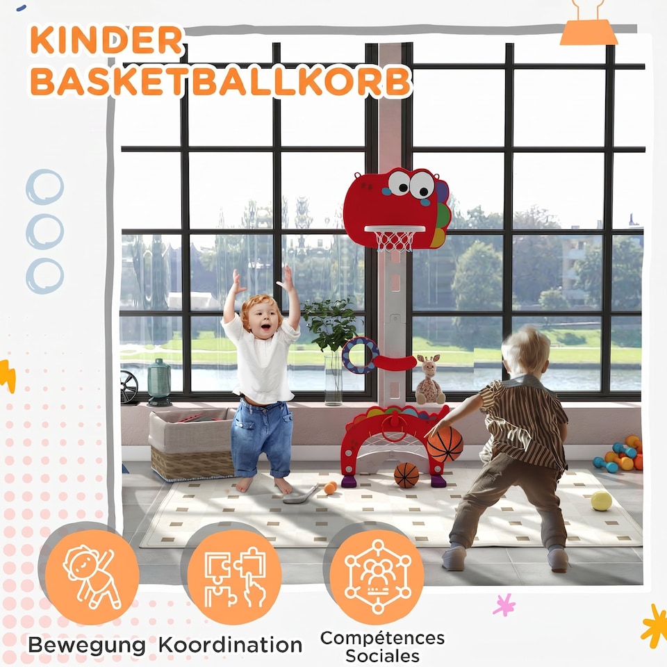 image 1 of AIYAPLAY 5-in-1 Basketball Set with Adjustable 96-130 cm Height, Red
