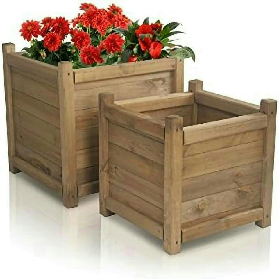 image 1 of Primrose Wooden Tapered Pine Cube Planter Garden Flower Pot 65cm