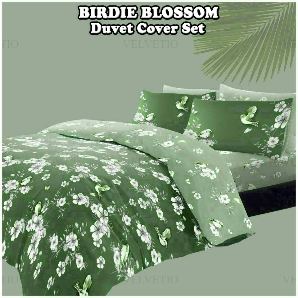 image 1 of VELVETIO Birdie Blossom Printed Duvet Cover Set Reversible Polycotton Beddings Blue | Duck Egg | Super King