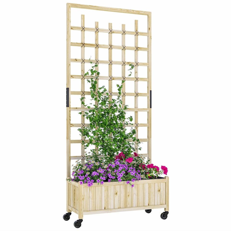 image 1 of Outsunny Wooden Trellis Planter, Raised Garden Bed with Wheels, Natural