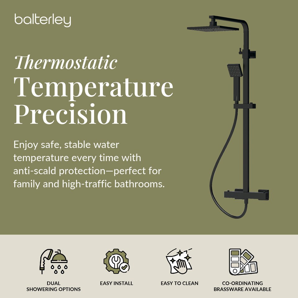 image 1 of Thermostatic Shower Kit Fixed HeadAdjustable Handset Matt Black | Black | Matt Black | 1