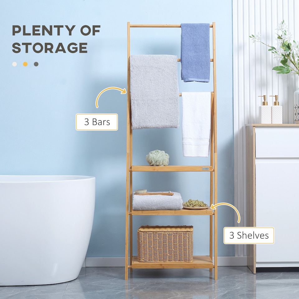 image 1 of kleankin Freestanding Natural Bamboo Towel Rack with 3 Towel Rails and 3 Storage Shelves, Space-Saving Foldable Towel Holder for Bathroom