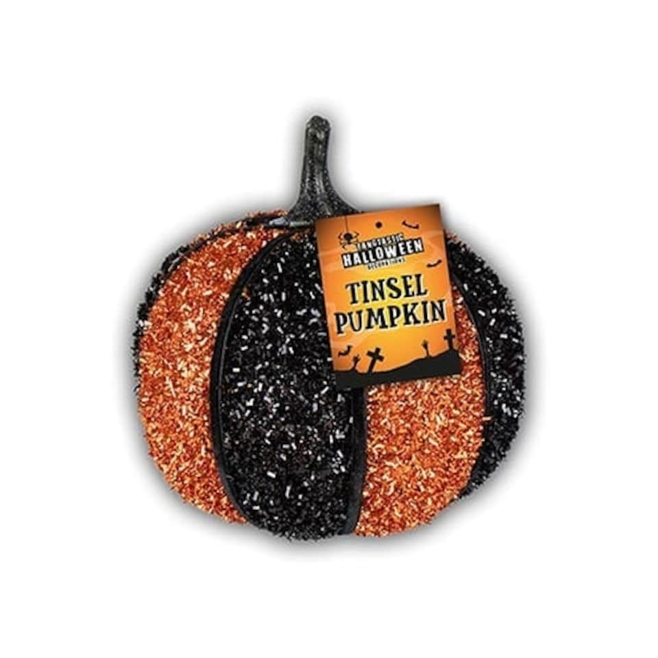Black and Orange Halloween Tinsel Pumpkin 14cm