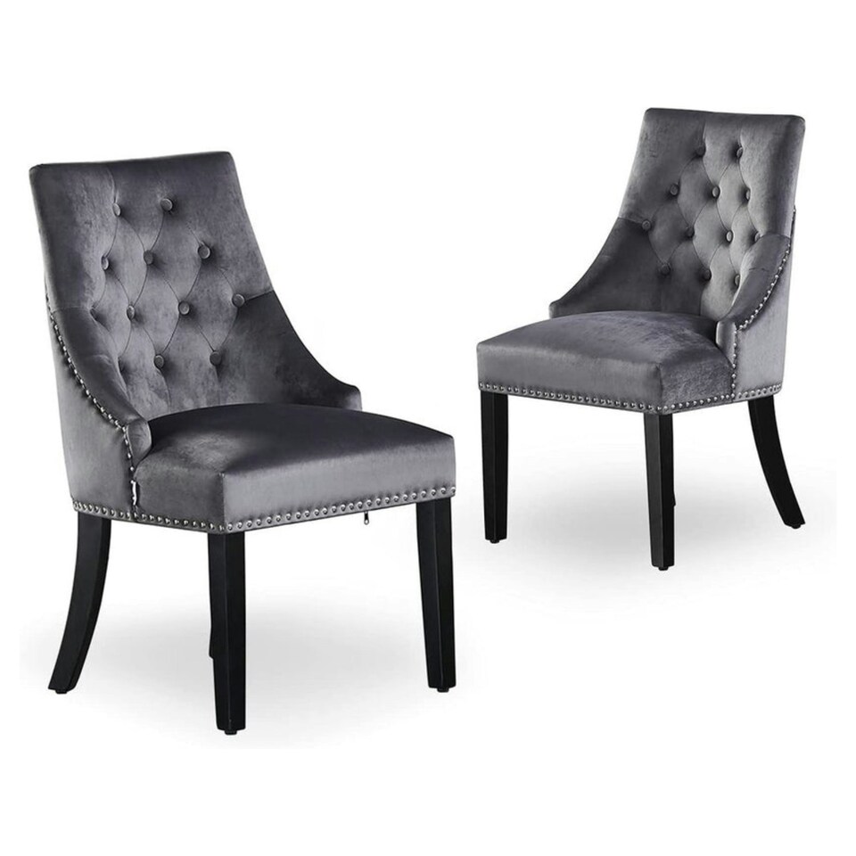 image 1 of Set of 2 Velvet Dining Chairs Ergonomic Scoop Knockerback & Button Tufted Wood Legs Grey | Dark Grey