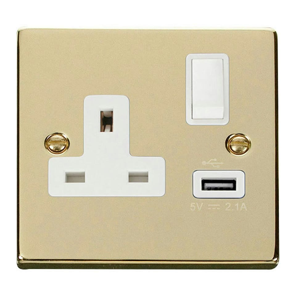 image 1 of SE HOME Polished Brass 1 Gang 13A DP 1 USB Switched Plug Socket White | Polished Brass
