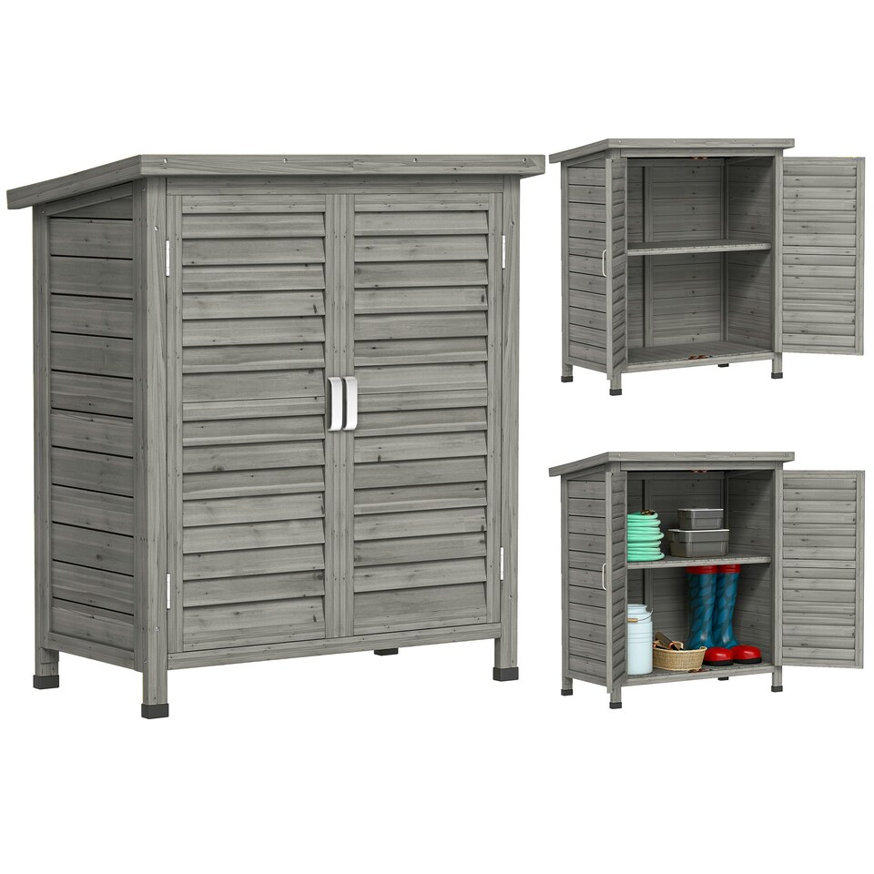 image 1 of Outsunny Garden Storage Shed Solid Fir Wood Garage Organisation w/ Doors Grey