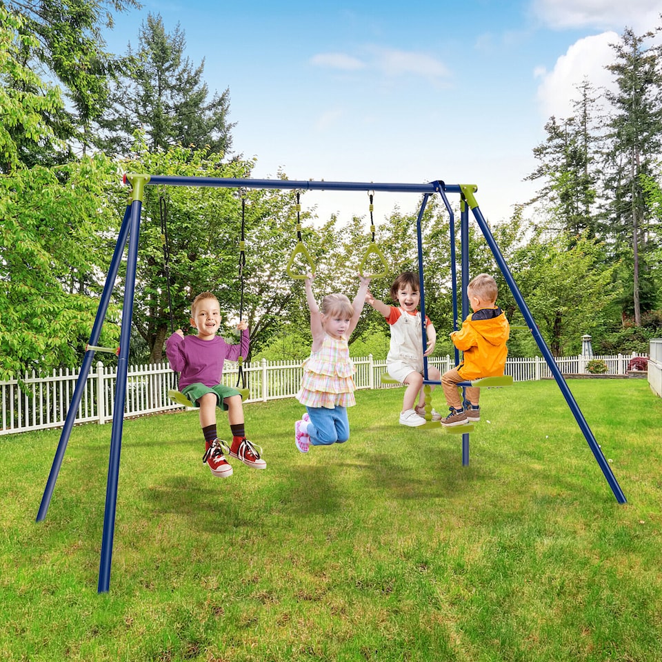 image 1 of COSTWAY 3-in-1 Swing Set A-Frame Swing Set Multifunctional Activity Playset for Backyard