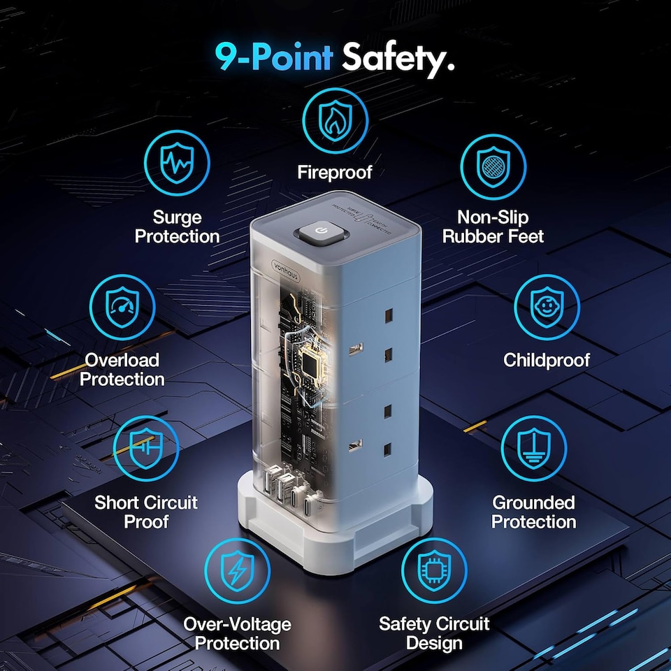 image 1 of VonHaus Tower Extension Lead with 8 Plugs and 2 USB-C Ports