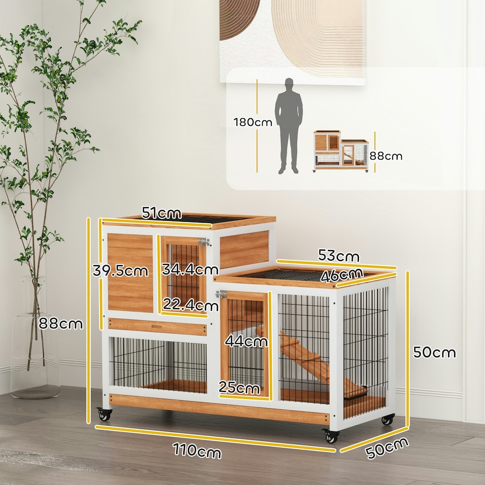 image 1 of PawHut Wooden Indoor Rabbit Hutch Elevated Bunny Cage w/ Enclosed Run Wheel