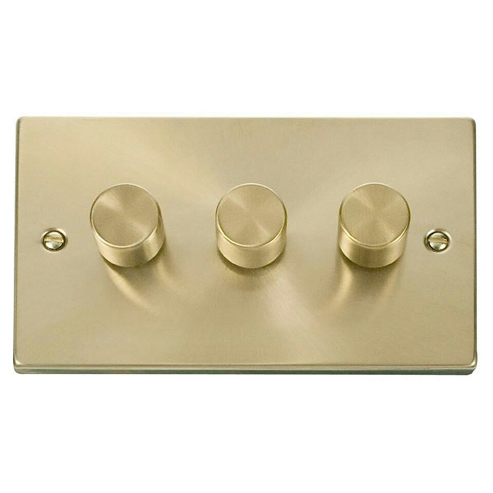 image 1 of SE HOME Satin / Brushed Brass 3 Gang 2 Way LED 100W Trailing Edge Dimmer Light Switch Black | Satin Brass