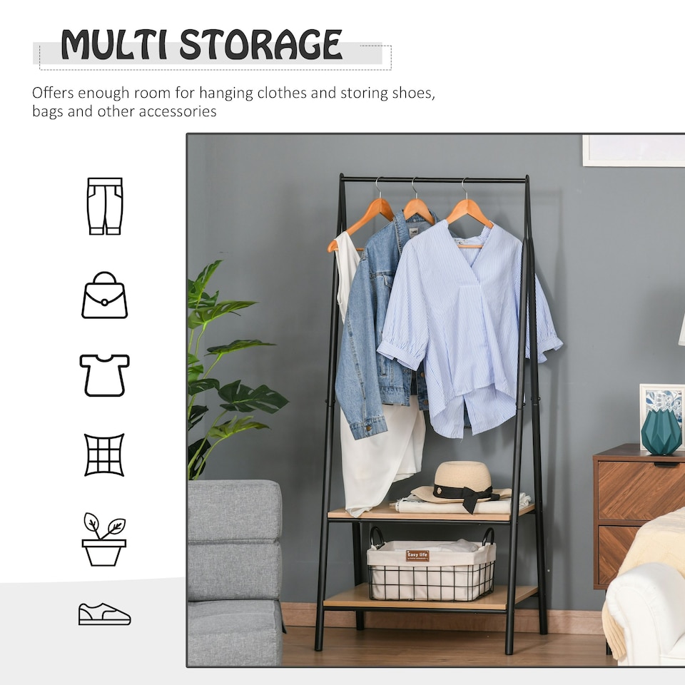 image 1 of HOMCOM 2-Tier Garment Rack Storage Shelves Metal Coat Shoes Clothes Stand