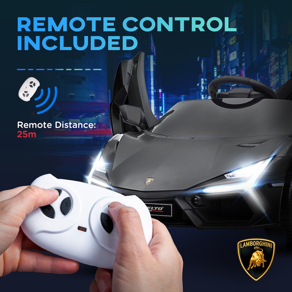 image 1 of AIYAPLAY Lamborghini Revuelto Licensed Kid Electric Car, 12V Kids Electric Ride On with Butterfly Doors, Suspension, Remote Control, LED Lights, Horn, USB, MP3 for 3-5 Years, Black
