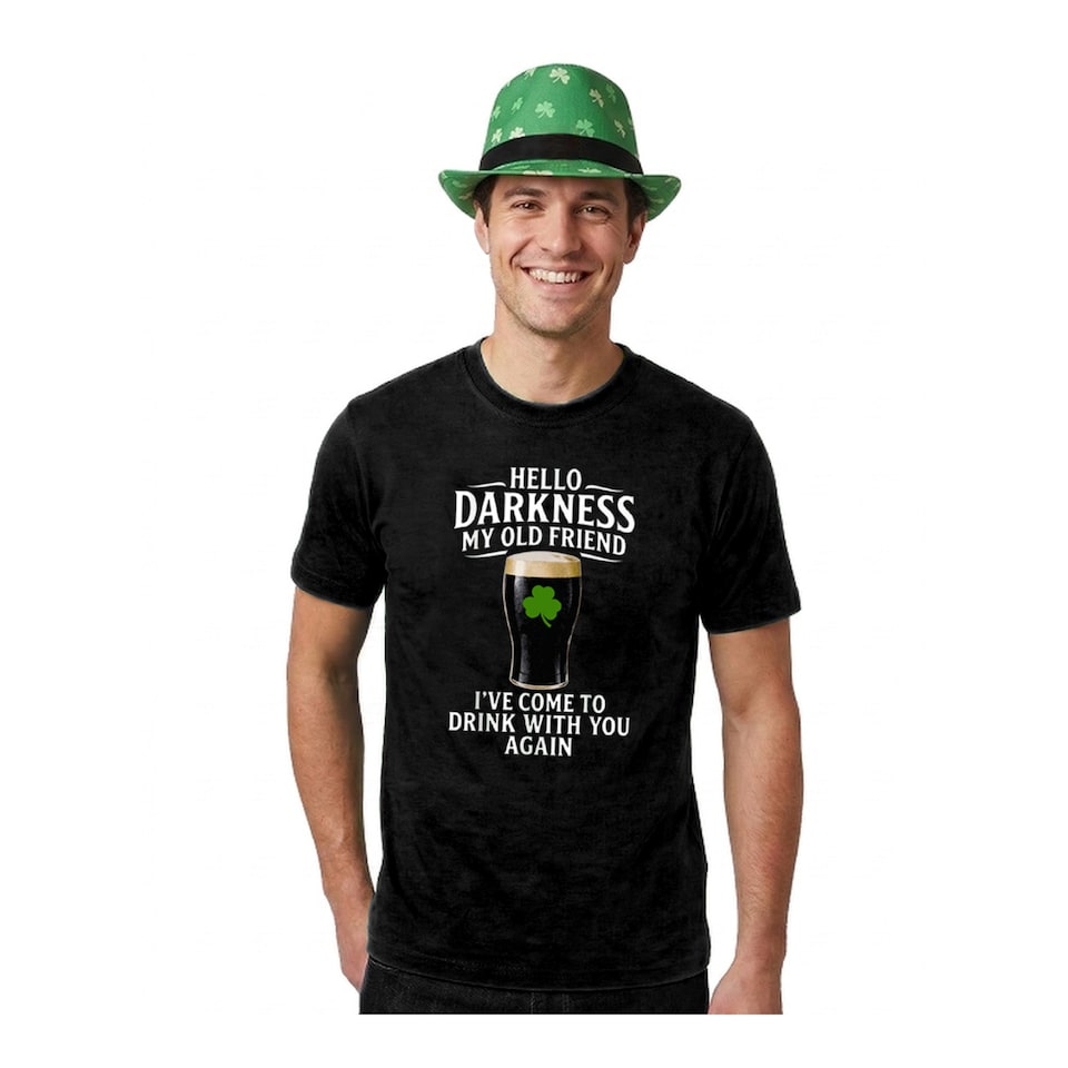 image 1 of St Patricks Black Tshirt with Hello Darkness in White & Irish Trilby | Multi | XL