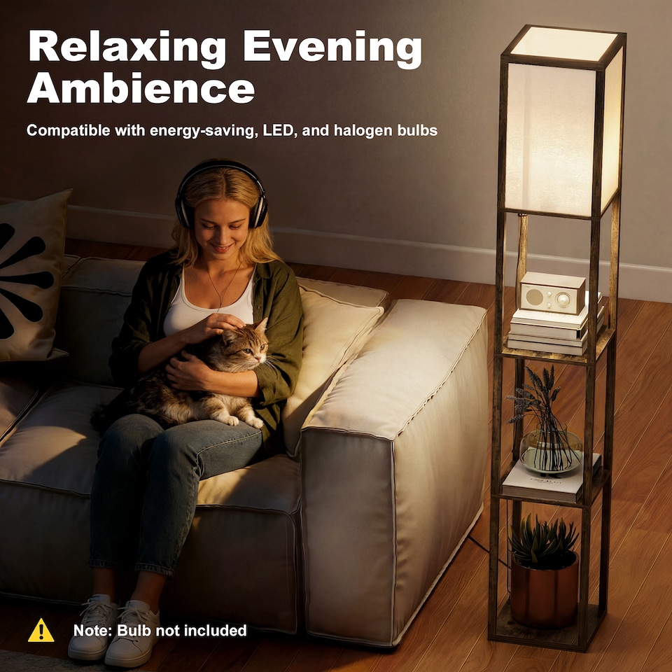image 1 of HOMCOM Floor Lamp Reading Lamp with 3-Tier Storage Shelf for Home Office Brown