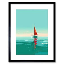 A Sailboat a Red Sail Sailing a Calm Sea 9x7" Black Framed Wall Art Print