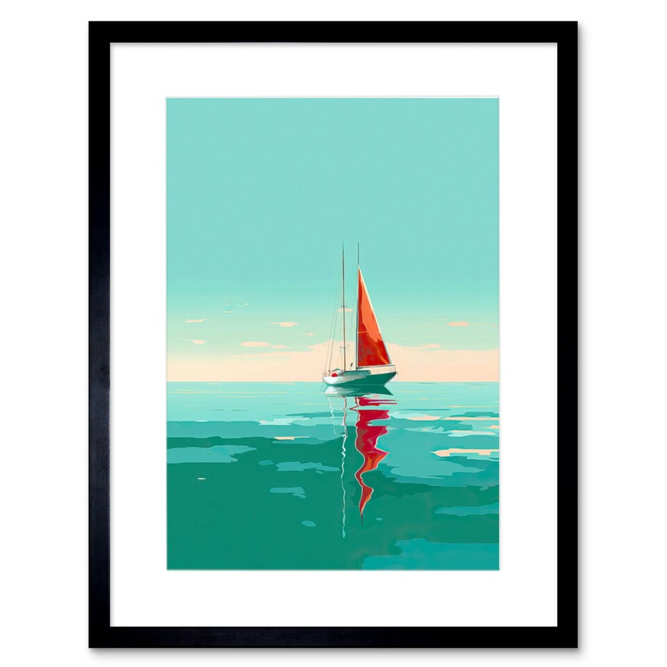 image 1 of A Sailboat a Red Sail Sailing a Calm Sea 9x7" Black Framed Wall Art Print