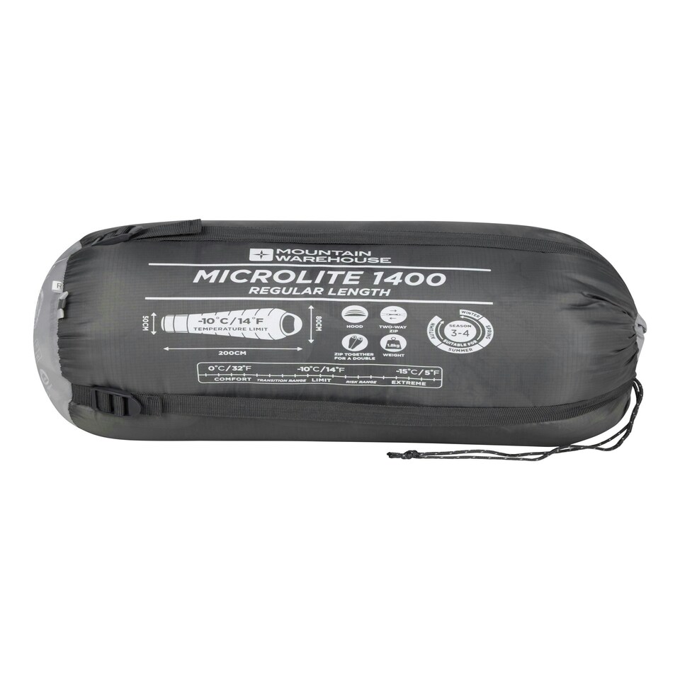 image 1 of Mountain Warehouse Microlite 1400 Sleeping Bag Hollow Fibre Camping Accessory Left Handed Zip - Long Length (215cm) Grey | Dark Grey