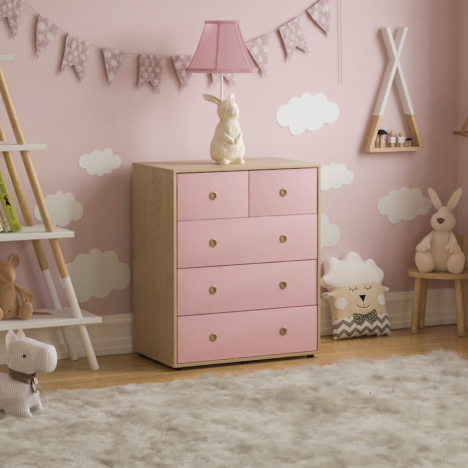 image 1 of Junior Vida Neptune 3 Piece Bedroom Set, Pink & Oak (Bedside Table, Drawer Chest, Wardrobe) | Pink | Pink | L | 3